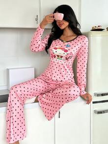 ZzzCrew HELLO KITTY AND FRIENDS | SHEIN Co-Branded Damen-Pyjama-Set mit Polka-Dot-Muster, Kontrastspitze, lässig - Pink - Übersicht 5