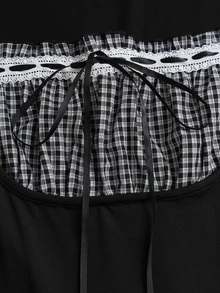 Sweetra Women's Autumn/Winter Fashion Design American Retro Black & White Small Checkered Double Layer Ruffle Patchwork Black Knit Fitted Slimming Sweet Lace Trim Long Sleeve Short Dress - Black - View 6