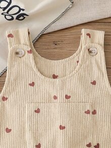 SHEIN 嬰兒女童中性款 0-3 歲幼兒春秋心形印花粉色燈芯絨吊帶褲套裝，胸前口袋設計，休閒版型，適合外出與居家穿著 - 杏色 - 查看 3