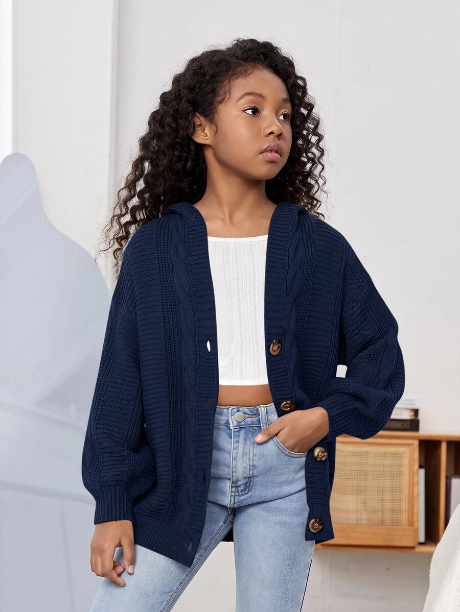 SHEIN 青少年女孩純色休閒百搭日常穿搭開襟衫 - 藍色 - 查看 1