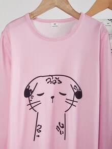 3件組青少年女孩圓領長袖秋冬款粉色白色紫色貓咪蝴蝶結印花睡袍，柔軟輕盈針織舒適迷人睡衣 - 彩色 - 查看 3