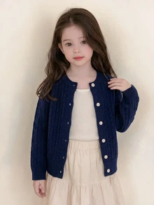 Dazy Kids Young Girls' Casual Cardigan Sweater, Basic Autumn/Winter Outer Layer, Navy Blue Contrast Color Button Front - Navy Blue - View 4