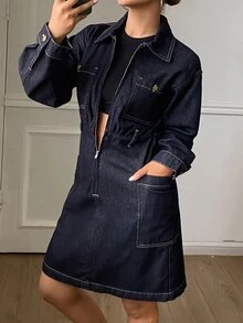DAZY Women's Washed Denim Original Color Loose Fit Short Denim Dress - Dark Wash - View 3