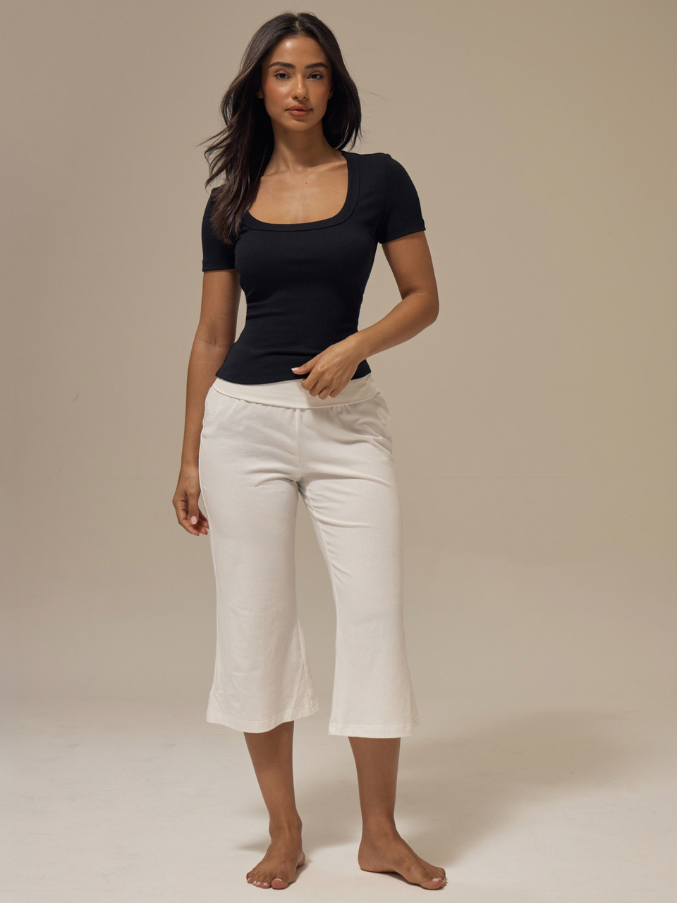 Black Ribbed Knit Deep Scoop Neckline Bound Collar Short Sleeve Slim Fit Tee Top Summer Girly Everyday Loungwear