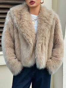 Livesso Elegant Autumn/Winter New Thickened Short Jacket Brown Faux Fur Coat - Apricot - View 3
