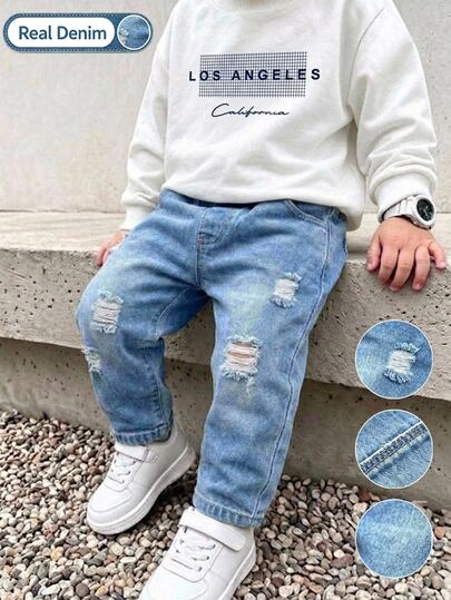 2件組幼童男童洛杉磯字母印花圓領衛衣與破洞牛仔束口長褲套裝，長袖套頭衫，鬆緊腰牛仔褲，秋季休閒童裝