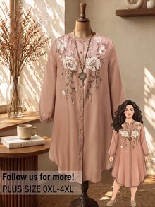 Rusticease Plus Size Autumn Casual Floral Print Front Button Dress Fall - Brown - View 1