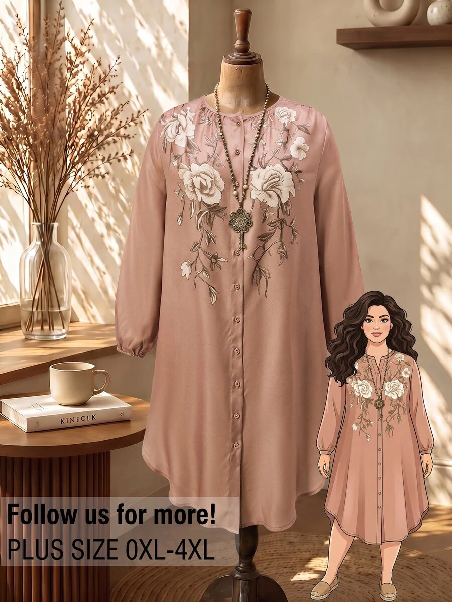 Rusticease Plus Size Autumn Casual Floral Print Front Button Dress Fall - Brown - View 1