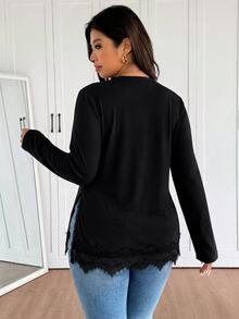 SHEIN Frenchy Plus Size Women's Crew Neck Knitted Striped T-Shirt With Side Slit Design, Comfortable Casual Plus Size T-Shirt - Black - View 4