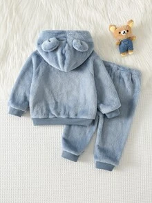 Cozy Pixies 2件組男嬰童休閒日常舒適刺繡秋冬連帽套頭長袖刷毛衛衣與運動長褲套裝 - 藍色 - 查看 2