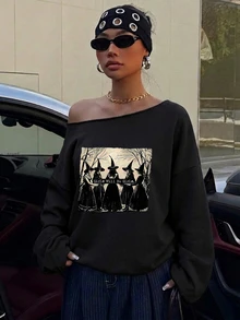 Veykashi 萬聖節女巫圖案女款休閒黑色露肩寬鬆長袖衛衣，秋季新品 - 黑色 - 查看 8