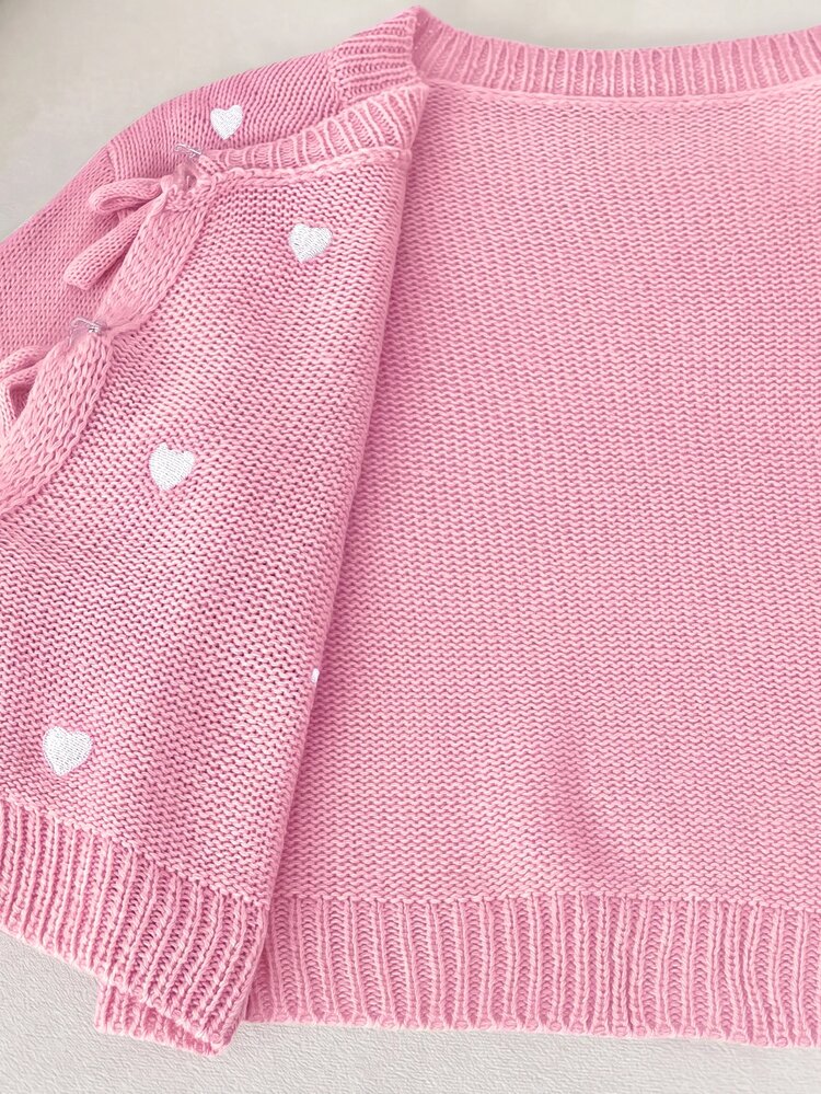 SHEIN Sweater Rajut Musim Gugur Warna Pink untuk Anak Perempuan, Kardigan Lucu dengan Hiasan Pita, Lembut & Nyaman, Musim Dingin, Peri, Siswi Sekolah, Kembali ke Sekolah, Kancing untuk Anak Perempuan - Berwarna merah muda - View 5