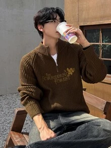 DAZY Men's Embroidered Street Vintage Zip Half-Placket Sweater - Brown - View 7