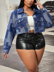 Slaydiva Plus Size Women's Colorblock Long Sleeve Single-Breasted Cropped Denim Jacket - Medium Wash - View 5