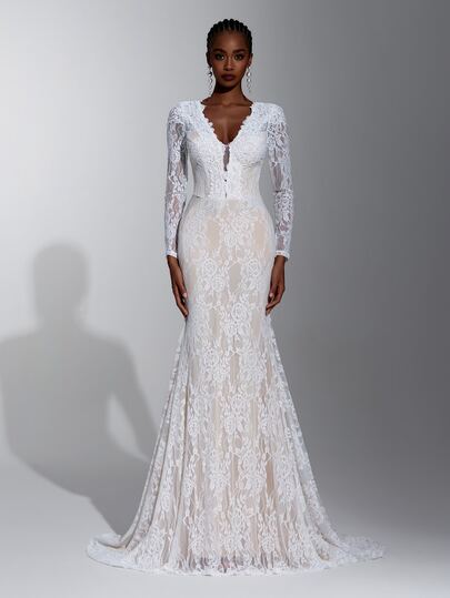Elitara Elegant Glamorous White & Champagne Contrast V-Neck Fan-Shaped Elastic Lace Sexy Sheer Long Sleeve Backless Mermaid Silhouette Floor-Length Wedding Dress For Wedding, Holiday, Party, Graduation Season