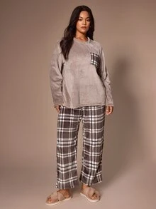 Lazeform Casual Plush Plaid Print Long Sleeve Pants Pajama Set Plus Size - Multicolor - View 6
