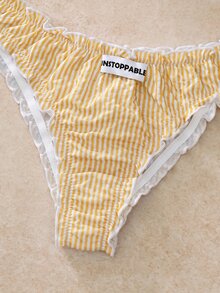 EverLounge 2pcs Striped 3/4 Cup Underwire Molded Cup Push-Up Support Lace Trim Bow Women's Lingerie Set - Yellow - View 5