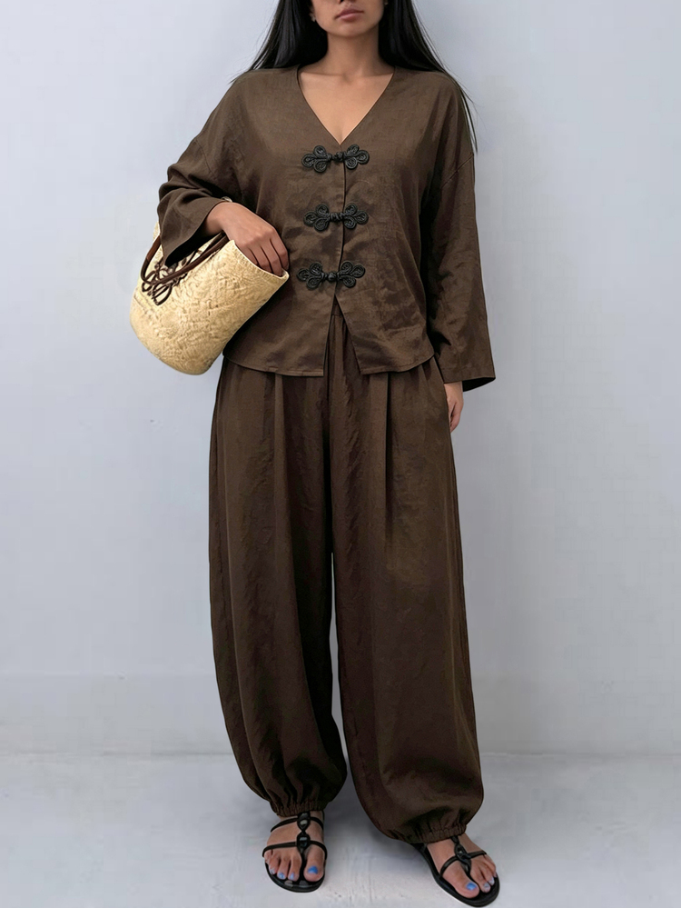 SHEIN PariChic New Chinese Style Frog Button V-Neck Short Top & Wide Leg Lantern Pants Set For Women, Loose Drape Zen Style 2-Piece Outfit - Brown - View 1