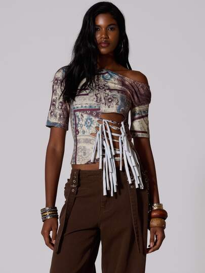 MUSERA Graphic Printed Slash Lace Up Slouchy Tshirt Summer Autumn Fall Winter  Going Out Festival Cool Girl Low Frequency