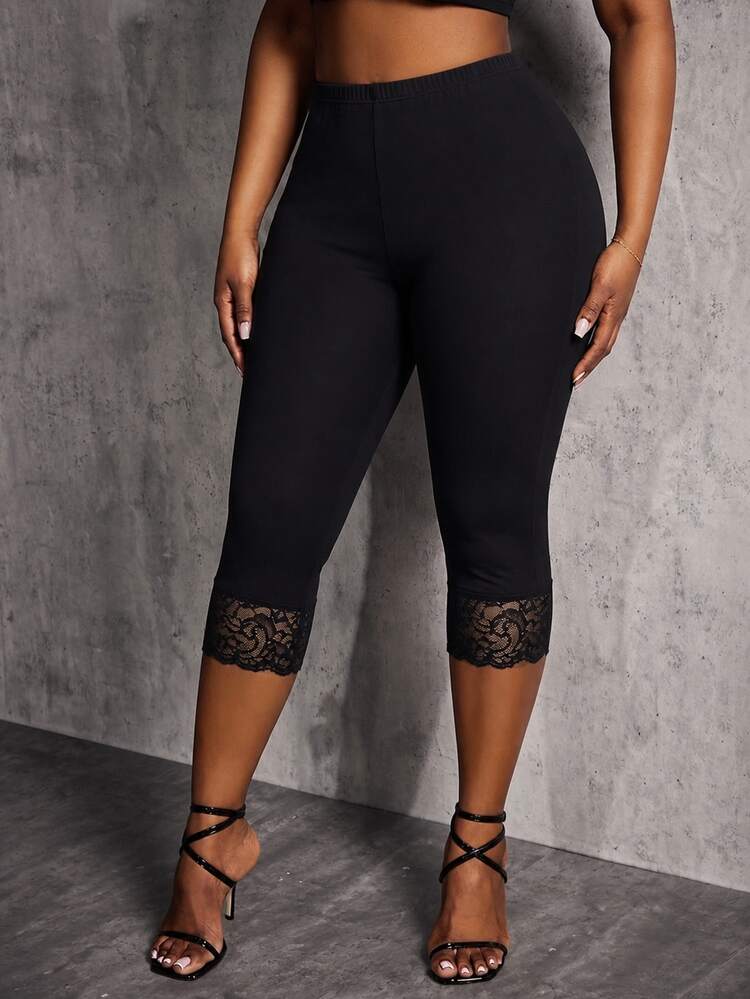 SHEIN SXY Plus Size Women's Lace Patchwork Fashion Casual 7/8 Length Leggings - Black - View 4
