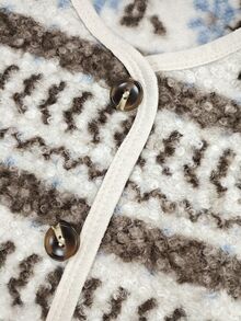 SHEIN Fair Isle 刷毛印花無袖單排扣貼袋復古休閒女款夾克，秋季/日常旅行，棕色與白色波點 - 杏色 - 查看 4