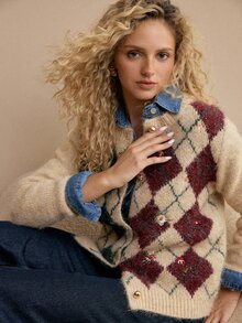 MOTF PREMIUM WOMEN'S VINTAGE HEAVY EMBROIDERY FLORAL ARGYLE PATTERN SINGLE-BREASTED CARDIGAN - Khaki - View 2