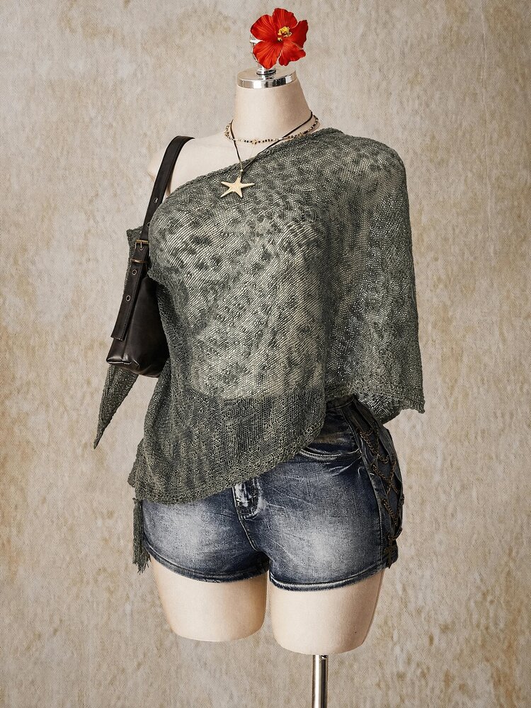 SHEIN ICON Women's Plus Size Asymmetrical Hemline Tassel Design Loose Knit Top - Grey - View 7