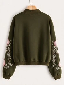 SHEIN LUNE 深綠色刺繡花卉細節拉鍊飛行夾克，秋季休閒街頭風，適合日常、賽車日與旅行穿著 - 軍綠色 - 查看 2