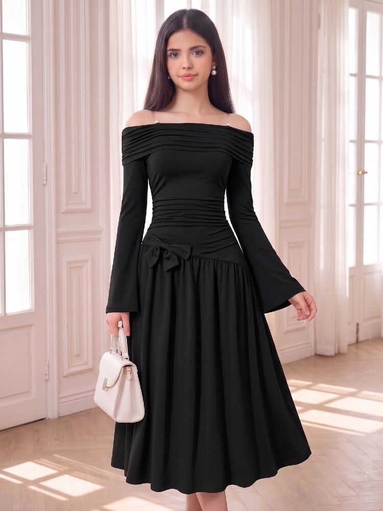 Teen Girls Off-Shoulder Ruched Waist Dress With French Bow Decor And Flare Sleeves - Black - View 1