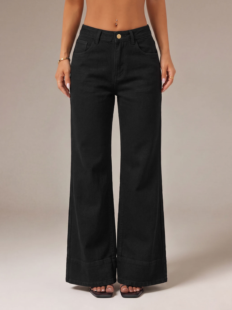 SHEIN PETITE Women's Fashion Button Pocket Flared Jeans Fall - Black - View 8