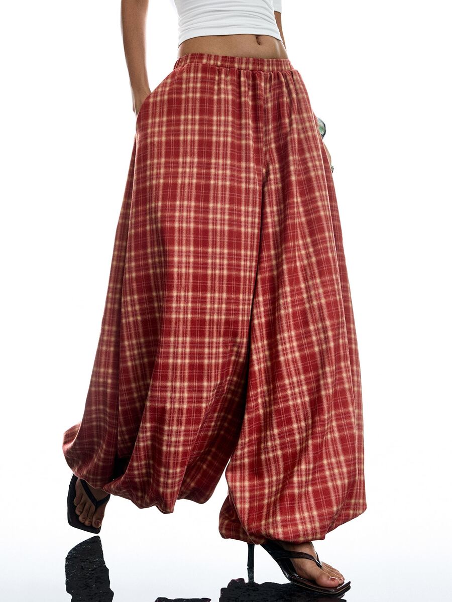 LYSMO Women's Plaid Casual Versatile Daily Lantern Pants - Red - View 1