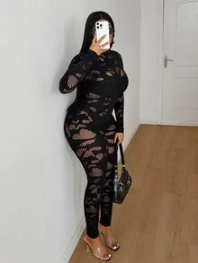 Maweii جمبسوت نسائي مقاس كبير بتصميم مفرغ وأكمام طويلة مثير - الأسود - مشاهدة 5
