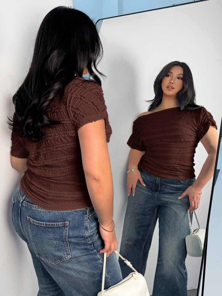 Firerie Plus Size Women's Textured Striped Asymmetrical Shoulder Elastic Ruched Batwing Sleeve T-Shirt Top, Striped Women's Top, Spring Summer Autumn Clothing, Commute, Elegant, Casual, Daily, Work Wear - Brown - View 2