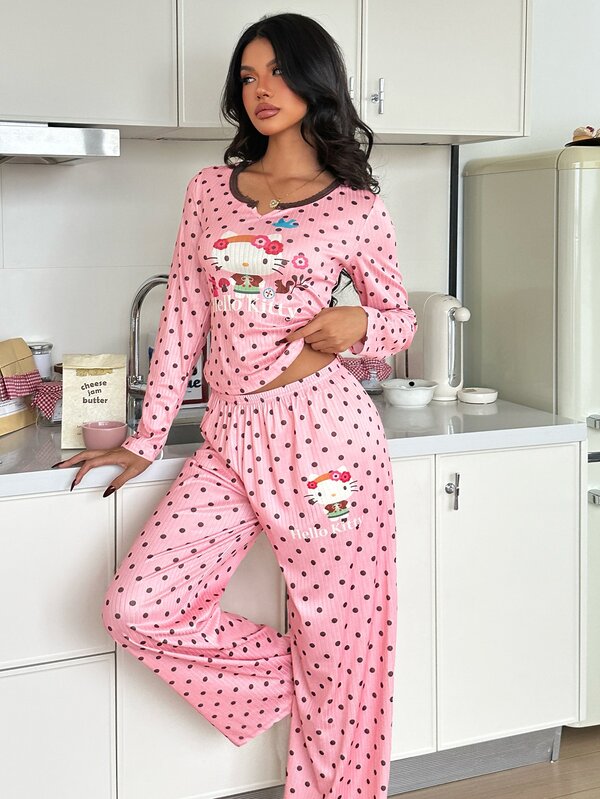 ZzzCrew HELLO KITTY AND FRIENDS | SHEIN Co-Branded Polka Dot Print Contrast Lace Casual Women's Pajama Set