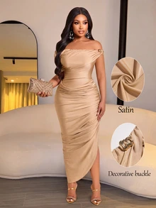 Brilight Off Shoulder Ruched Midi Bodycon Dress, Draped Asymmetrical Cocktail Dress For Party Wedding Guest F - Khaki - View 2