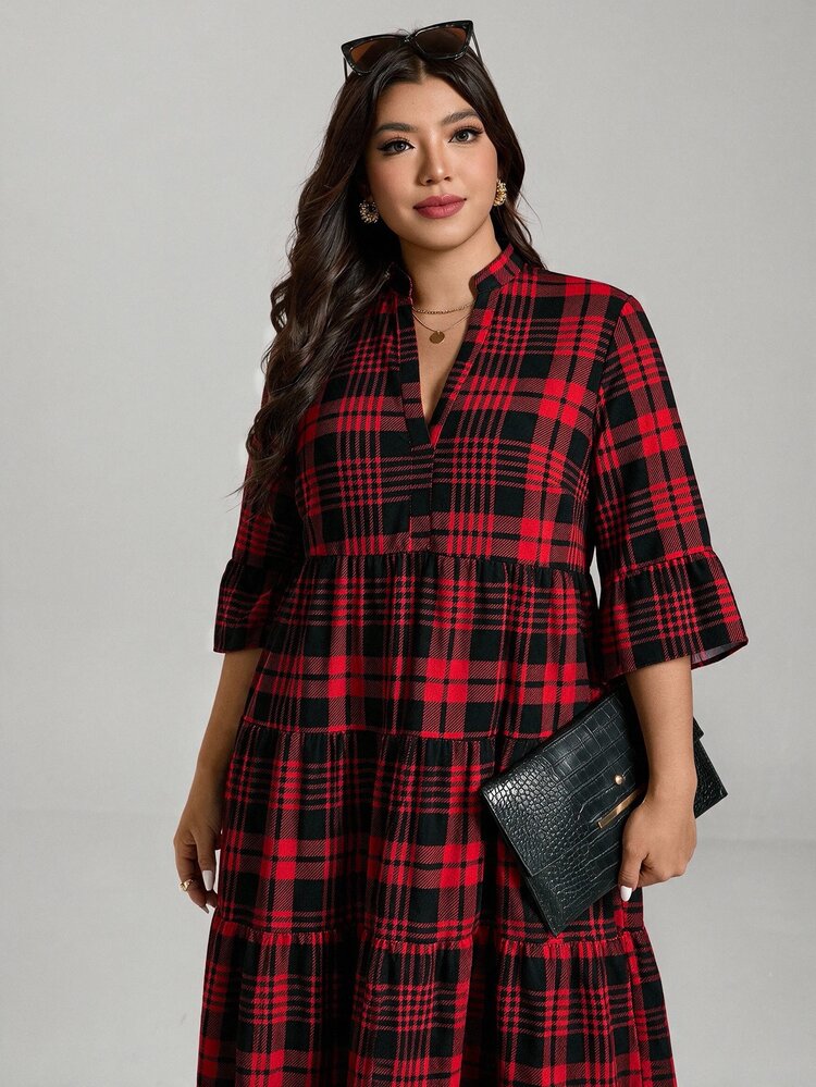 Comfylo Christmas Plaid Patchwork Tiered Maxi Skirt Plus Size - Red - View 6