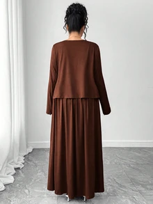 Elenzga 大尺碼女款優雅長袖純色開襟衫 + A字收腰顯瘦吊帶洋裝 2件套，針織彈性套裝，適合日常外出、通勤、派對、晚宴、夜店穿著 - 摩卡棕 - 查看 2