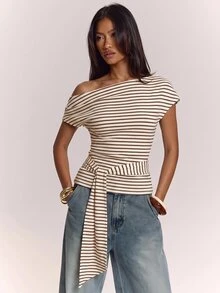 SHEIN BAE 秋冬條紋不對稱肩綁帶前襟上衣 女款 - 彩色 - 查看 1