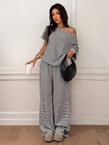 Siren Gaze 女款條紋不對稱領上衣與長褲休閒日常兩件套 - 黑與白 - 查看 5
