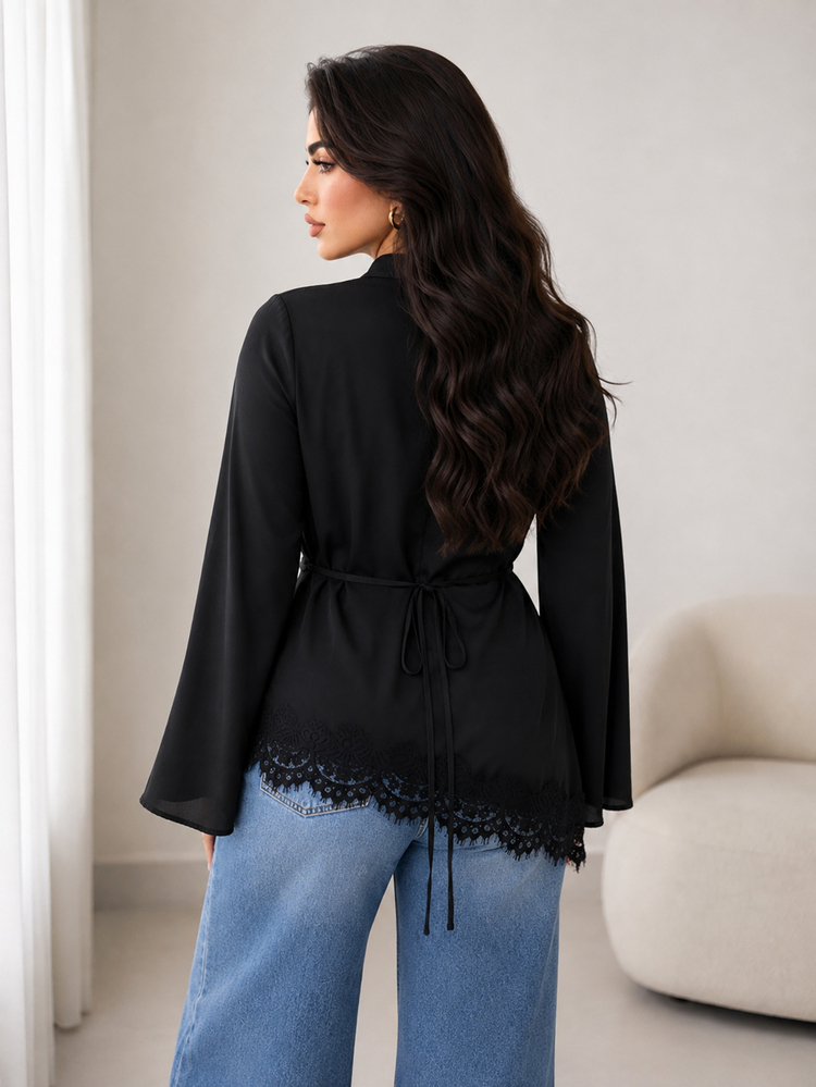 Solavon Plus Size Solid Color Lace Patchwork Asymmetric Hem Shirt - Black - View 2