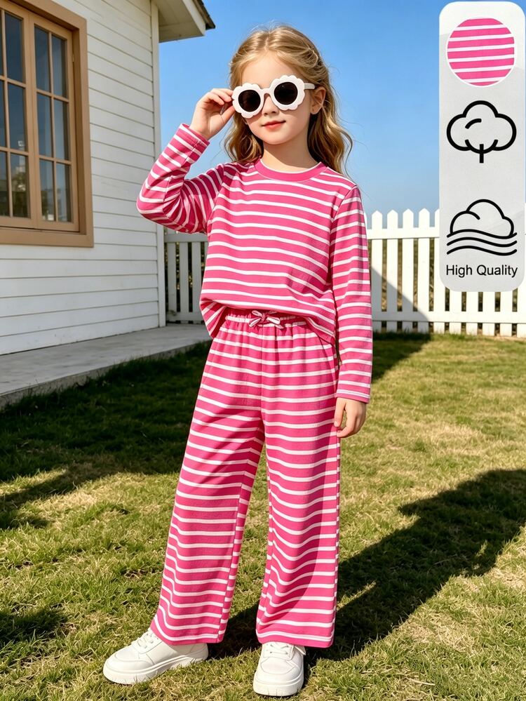 Genkimix Kids Girls' Rose Red Striped Long Sleeve Knit Top & Pants 2 Pieces Set, Fashionable Young Girl Casual Outfit, Suitable For School, Outings, Short Trips / Park Play, Light Sports / Walking, Early Autumn Wear - Hot Pink - View 4