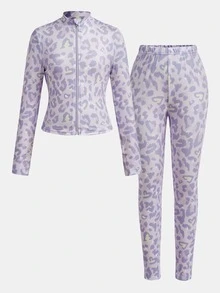 Kids Tween Girl Purple Leopard Print Knit Fitted Sports Set, Front Long Sleeve Jacket + Pants 2-Piece Set, Casual Comfortable Versatile Daily Wear - Purple - View 6