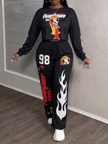 Slaydiva THE POWERPUFF GIRLS X SHEIN Plus Size Cartoon Print Top And Pants 2 Pieces Set, Suitable For Outings And Streetwear - Black - View 4
