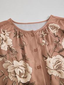 Rusticease Plus Size Autumn Casual Floral Print Front Button Dress Fall - Brown - View 7