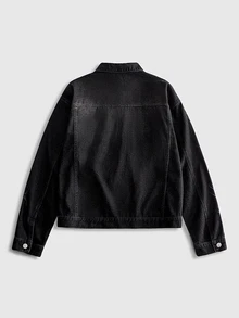 ROMWE MEN Men's Vintage Black Washed Denim Jacket, Gothic Centipede Embroidery Lapel Button-Up, Y2K Dark Punk Street Style Long Sleeve Denim Jacket, Loose Fit Washed Workwear Denim Top, Suitable For Autumn/Winter Daily Streetwear - Black - View 2