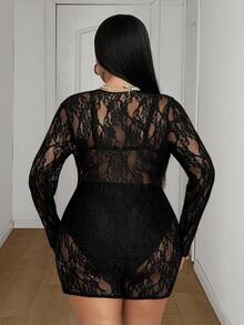 Maweii Plus Size New Lace Sexy Fitted Ruffle Trim Romper Shorts Fall - Black - View 2