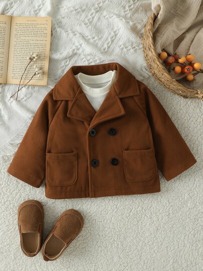Souflis Souflis Baby Boy Trench Coat Jacket Elegant Brown Double Breasted Pockets Long Sleeve Lapel Collar Thick Holiday Wedding Fall Winter Halloween Christmas Fuzzy