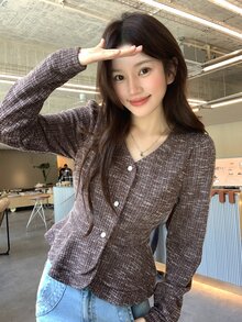 DAZY Kaos Wanita Model Korea Elegan dengan Kerah V dan Hiasan Ruffle untuk Musim Semi/Panas/Musim Gugur - Grey - View 3