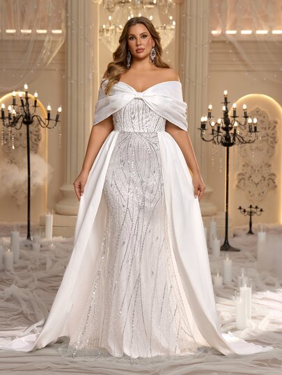 Glamrae Plus Size Elegant Romantic Glamorous Beaded Embroidered Patchwork Wedding Dress Satin Off-Shoulder Butterfly Plus Size Sleeves Fitted Mermaid Hem With Train