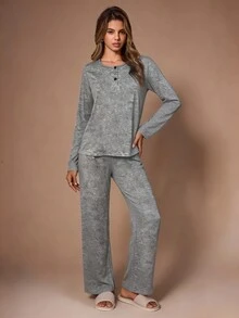 SHEIN Women's Casual Knit Henley Neck Loungewear Pajama Set - Grey - View 5